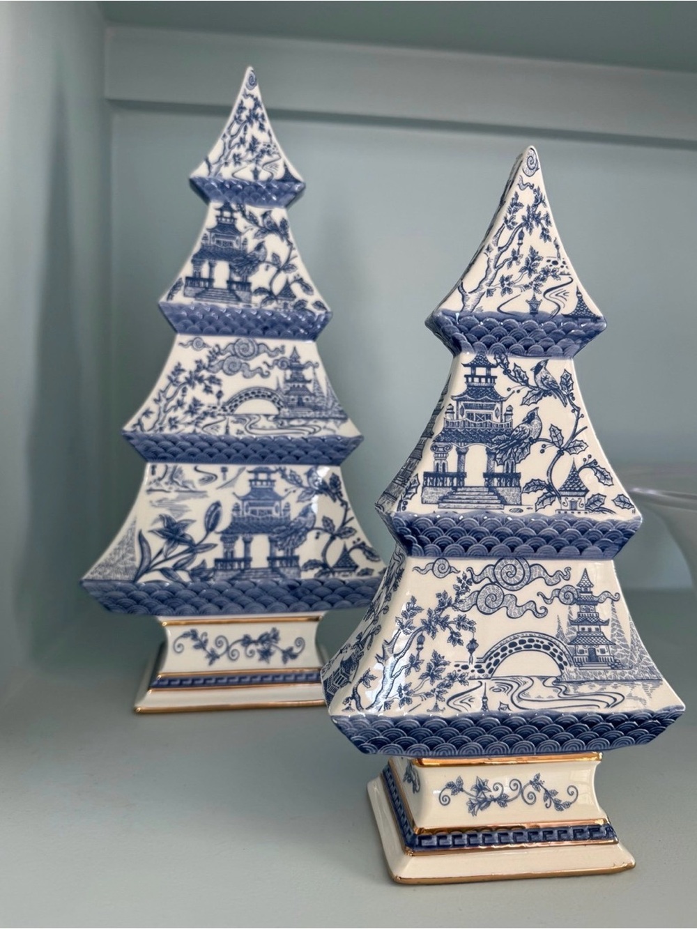 Set of Two’s Company Blue and White Decorative Christmas Trees